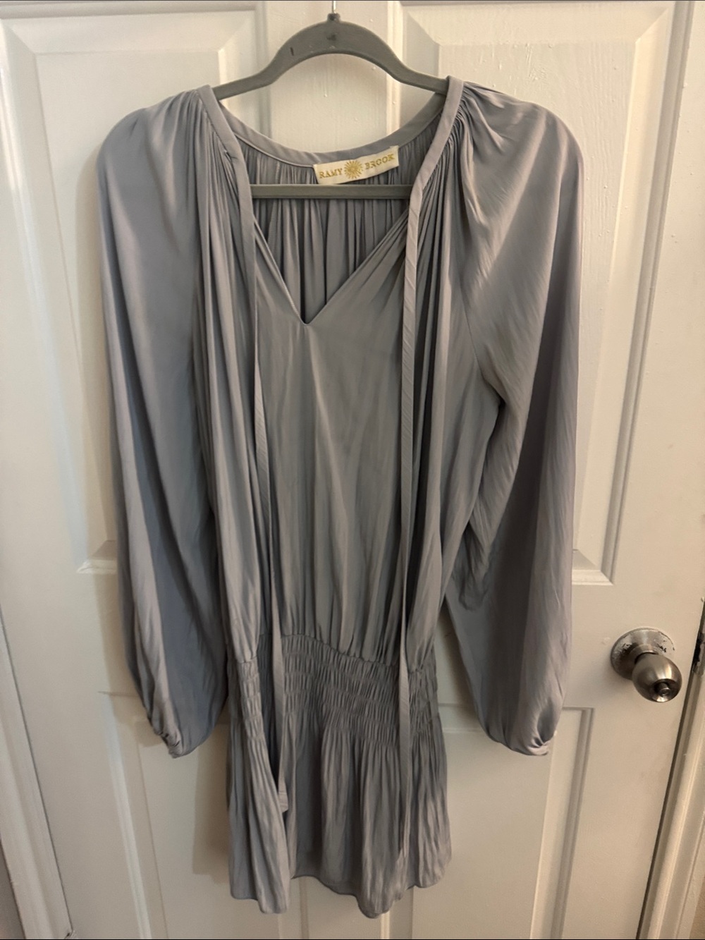 Ramy Brook Light Gray V-Neck Long Sleeve Smocked Waist Dress